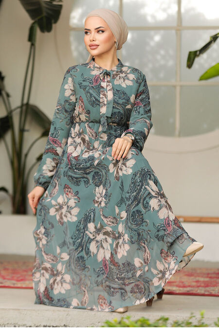 Modest Almond Green Chiffon Floral Dresses 50355CY - NEVA STYLE
