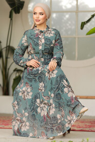 Modest Almond Green Chiffon Floral Dresses 50355CY - 4