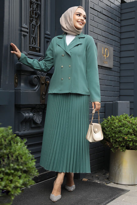 Modest Almond Green Dual Skirt Suit 12601CY - NEVA STYLE