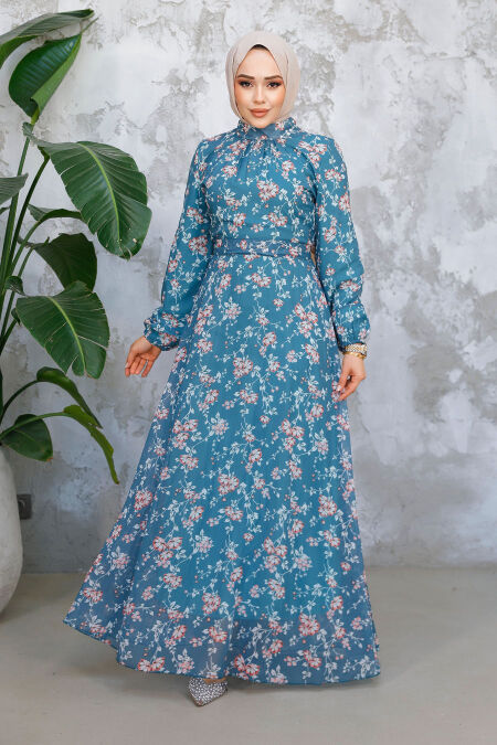 Modest Almond Green Floral Dress 52682CY - NEVA STYLE