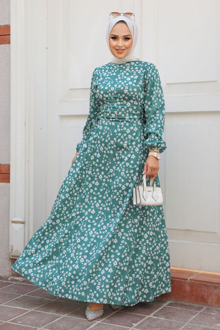 Modest Almond Green Floral Dress 61073CY - NEVA STYLE