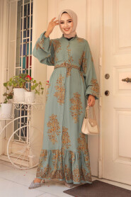 Modest Almond Green Floral Long Dress 19481CY - 2