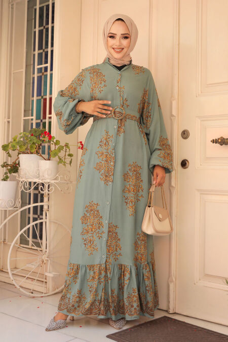 Modest Almond Green Floral Long Dress 19481CY - NEVA STYLE