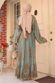 Modest Almond Green Floral Long Dress 19481CY - 3