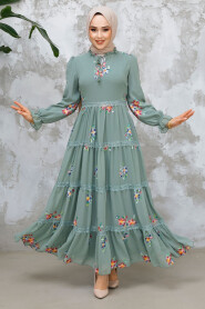 Modest Almond Green Floral Long Dress 32815CY - 2