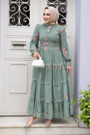 Modest Almond Green Floral Long Dress 32815CY - 2