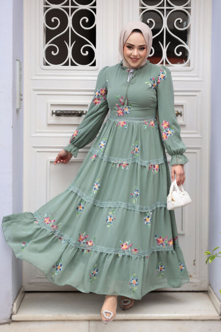 Modest Almond Green Floral Long Dress 32815CY - NEVA STYLE