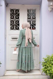 Modest Almond Green Floral Long Dress 32815CY - 3