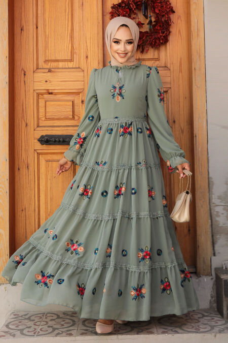 Modest Almond Green Floral Long Dress 45541CY - NEVA STYLE