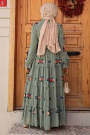 Modest Almond Green Floral Long Dress 45541CY - 3