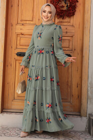 Modest Almond Green Floral Long Dress 45541CY - 2