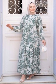 Modest Almond Green Floral Long Dress 52941CY - 3