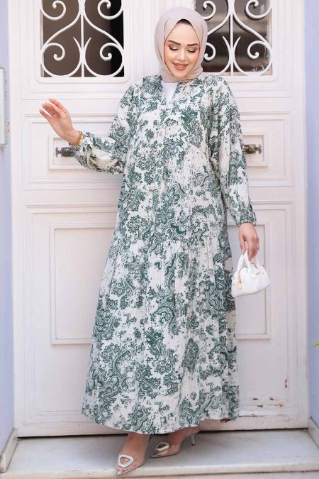 Modest Almond Green Floral Long Dress 52941CY - NEVA STYLE