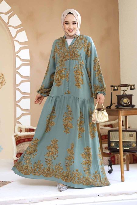 Modest Almond Green Floral Long Sleeve Dress 18241CY - NEVA STYLE