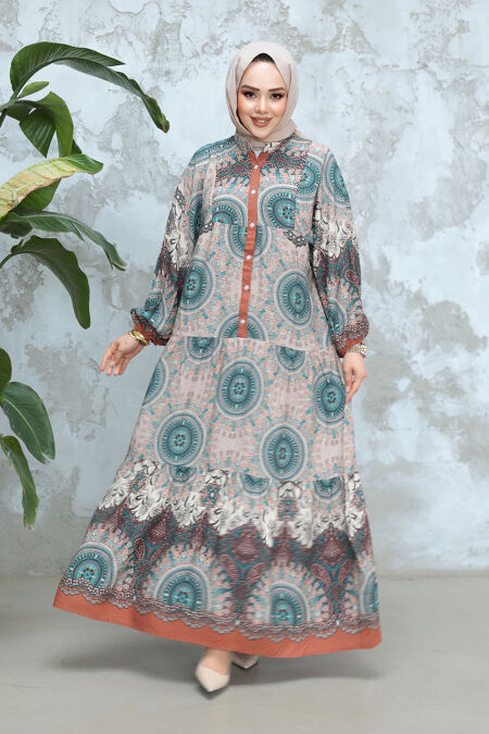 Modest Almond Green Floral Long Sleeve Dress 18246CY - NEVA STYLE