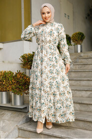 Modest Almond Green Floral Long Sleeve Dress 50251CY - 1