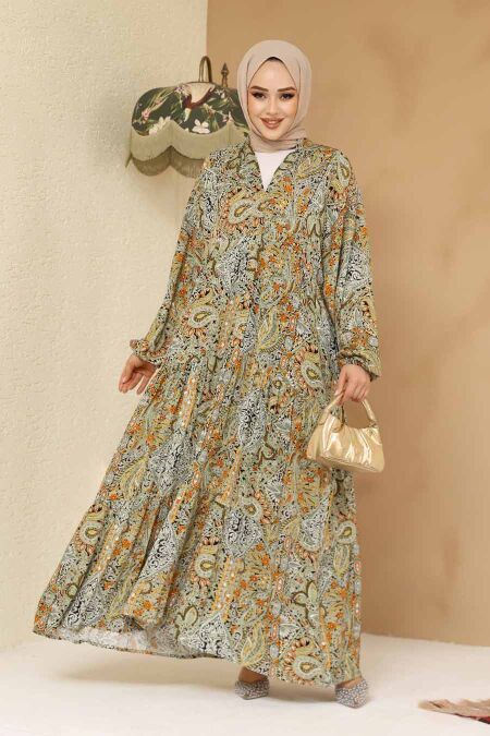 Modest Almond Green Floral Maxi Dress 23454CY - NEVA STYLE