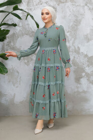 Modest Almond Green Floral Maxi Dress 32816CY - 3