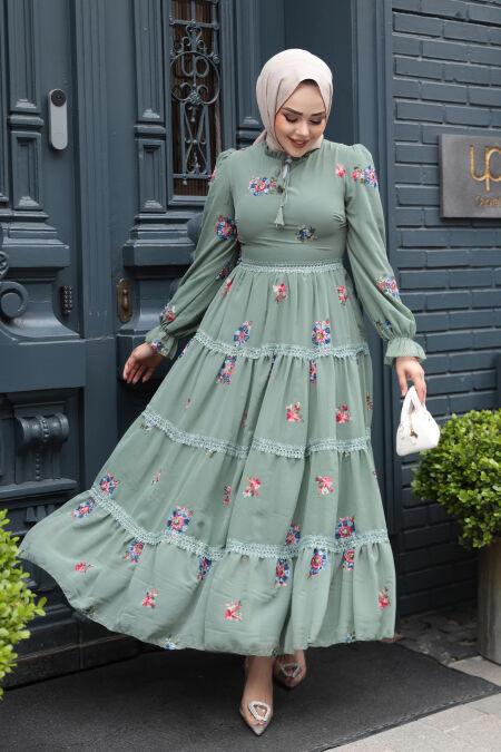 Modest Almond Green Floral Maxi Dress 32816CY - NEVA STYLE