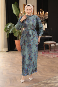 Modest Almond Green Floral Pleated Dress 23502CY - 2