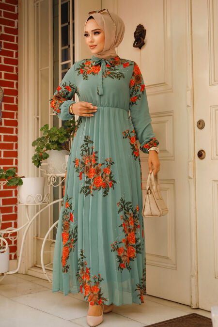 Modest Almond Green Maxi Dress 503501CY - NEVA STYLE