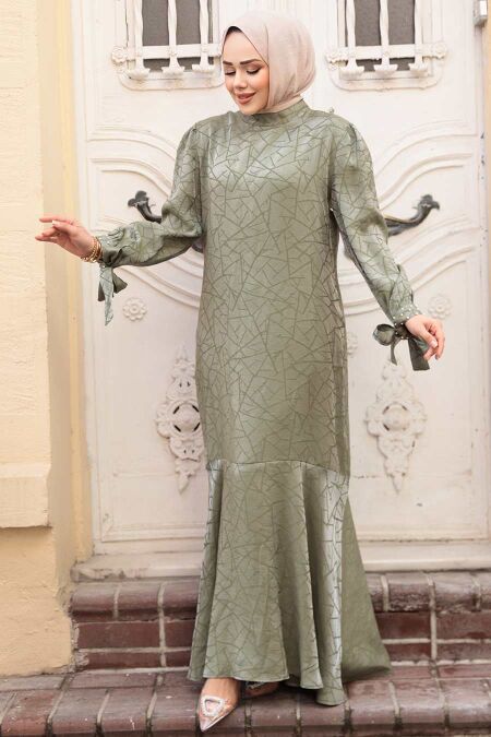 Modest Almond Green Satin Long Dress 4457CY - NEVA STYLE