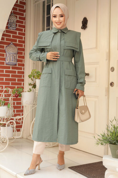Modest Almond Green Trench Coat 19023CY - NEVA STYLE