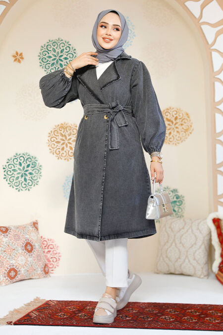 Modest Antrasit Denim Trench Coat 19128ANT - NEVA STYLE