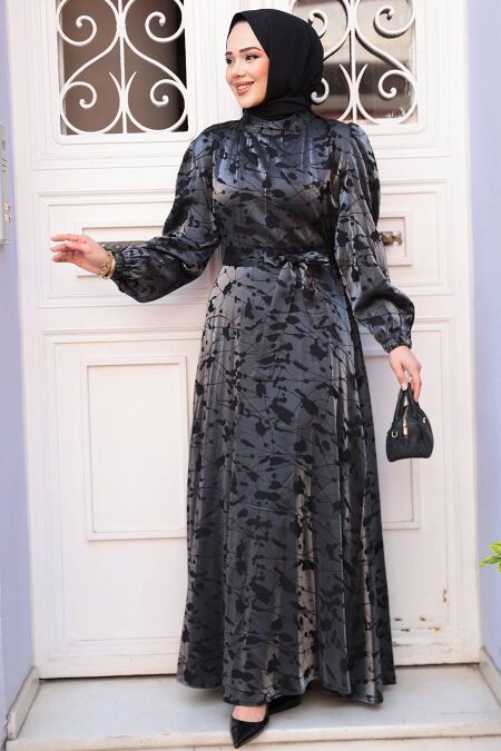 Modest Antrasit Satin Dress 52921ANT - NEVA STYLE