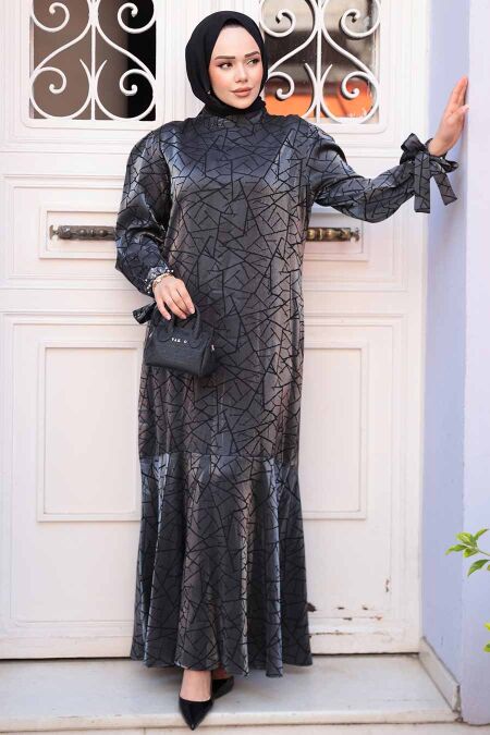 Modest Antrasit Satin Long Dress 4457ANT - NEVA STYLE