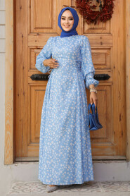 Modest Baby Blue Floral Dress 61073BM - 2