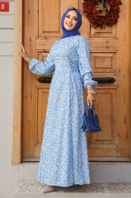 Modest Baby Blue Floral Dress 61073BM - 1