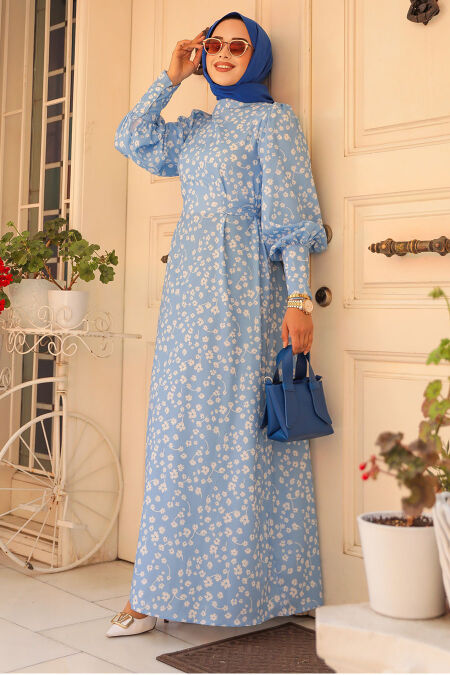 Modest Baby Blue Floral Dress 61091BM - NEVA STYLE