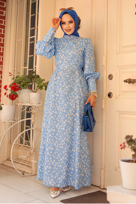 Modest Baby Blue Floral Dress 61091BM - Neva-style.com