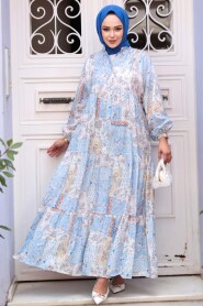 Modest Baby Blue Floral Long Dress 710503BM - 1