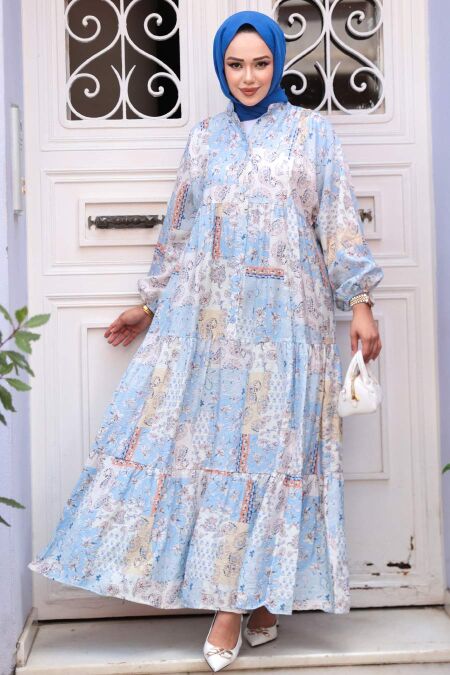 Modest Baby Blue Floral Long Dress 710503BM - NEVA STYLE