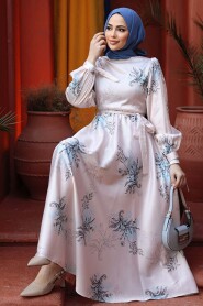 Modest Baby Blue Floral Long Sleeve Dress 60911BM - 3