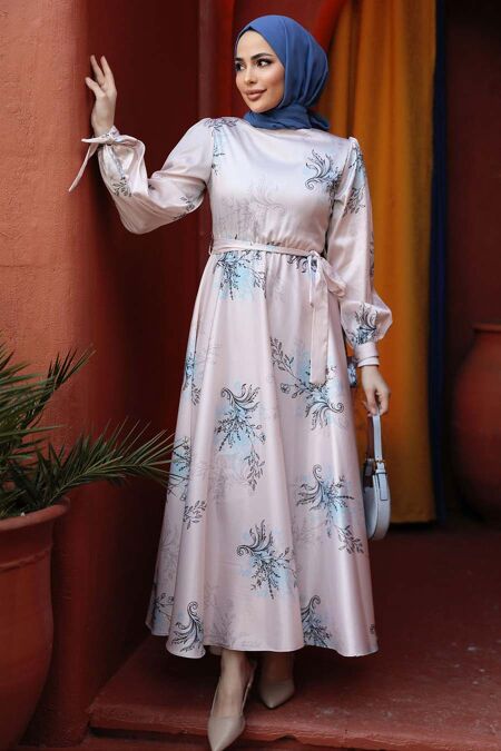 Modest Baby Blue Floral Long Sleeve Dress 60911BM - Neva-style.com