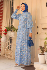 Modest Baby Blue Floral Maxi Dress 61092BM - 1