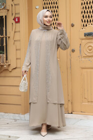 Modest Beige Abaya Dress 29132BEJ - 4