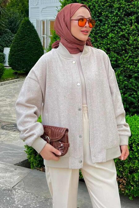 Modest Beige Bomber Jacket 9263BEJ - NEVA STYLE