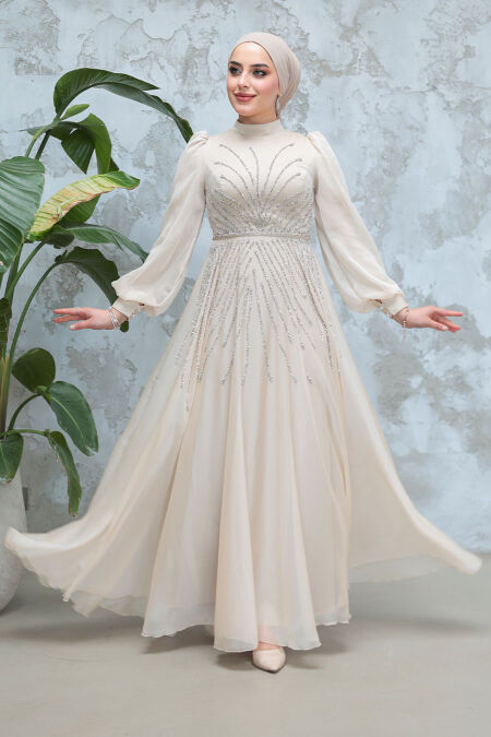 Modest Beige Bridesmaid Dress 4953BEJ - NEVA STYLE