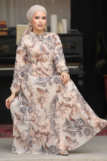 Modest Beige Chiffon Floral Dresses 50355BEJ - NEVA STYLE