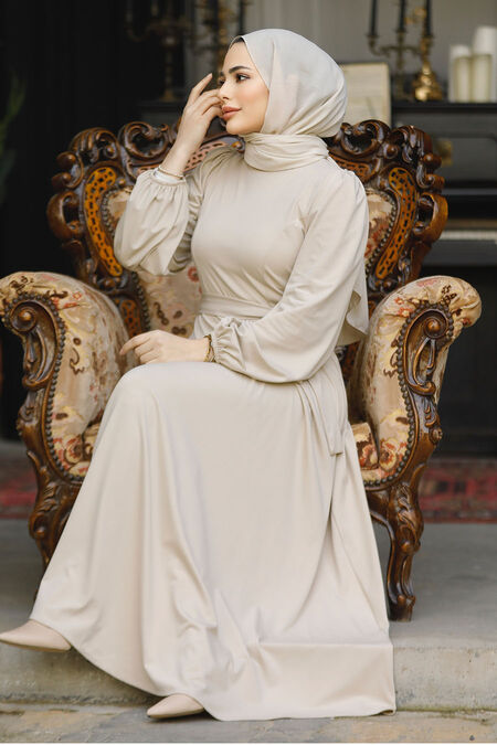 Modest Beige Dress For Plus Size 23101BEJ - Neva-style.com