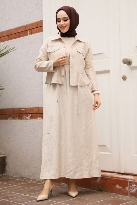 Modest Beige Dual Suit Dress 44651BEJ - NEVA STYLE