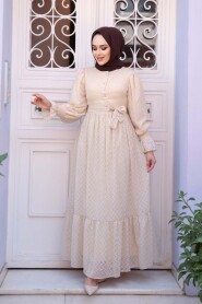 Modest Beige Eid Dress 13902BEJ - 1