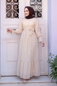 Modest Beige Eid Dress 13902BEJ - 3