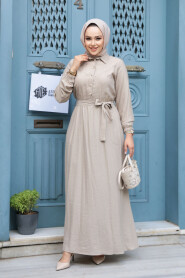 Modest Beige Eid Dress 7238BEJ - 1