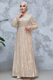 Modest Beige Evening Gown With Long Sleeve 44961BEJ - 2