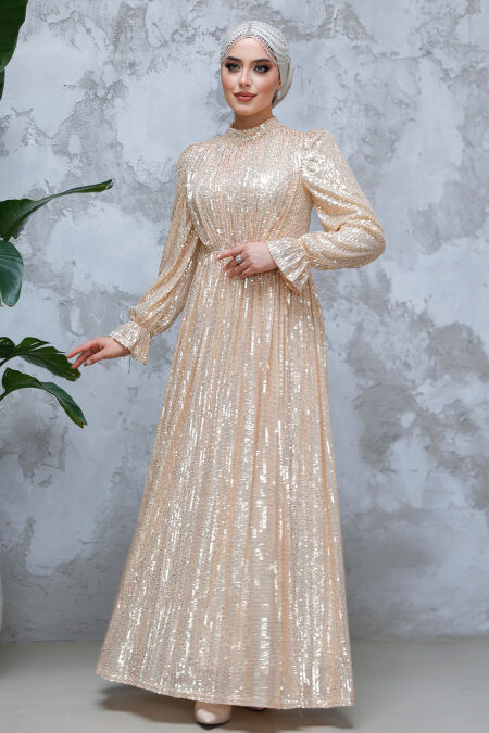 Modest Beige Evening Gown With Long Sleeve 44961BEJ - NEVA STYLE